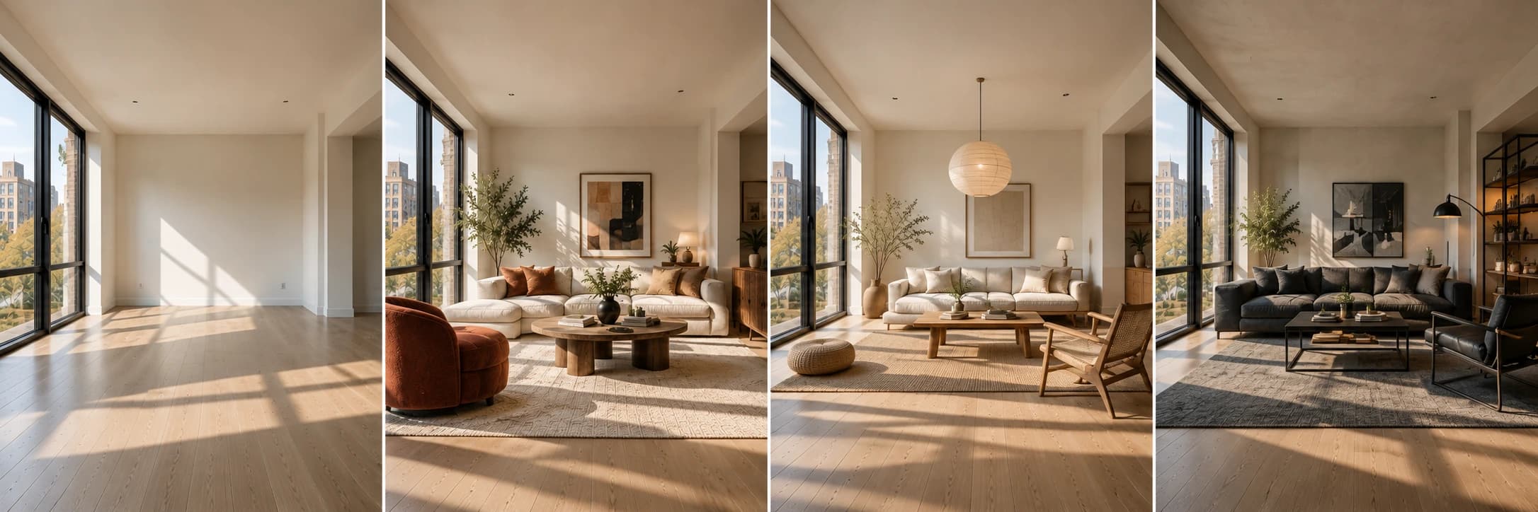 One room shown four ways: empty, restyled, staged, and another look
