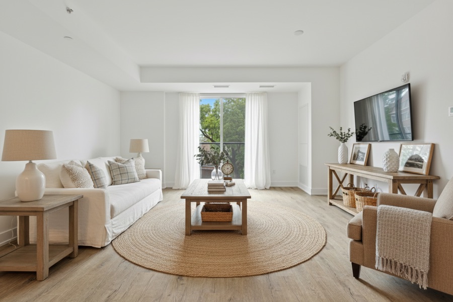 Room staged in farmhouse style by WabiRoom